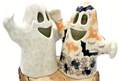 2 Polish Pottery Ceramic Ghost Lantern Figurines White Lace and BOO