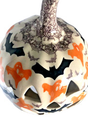 Polish Pottery Goth Ceramic Pumpkin 7″ High Spiders Ghosts Bats Gothic Decor