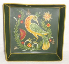 2 Vintage Toleware Metal Pans ~ Signed Folk Art ~ Hand Painted Pa Dutch Birds