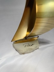 VTG John Demott Signed Mid Century Brass Sailboat Sculpture Onyx Quartz Base 8″