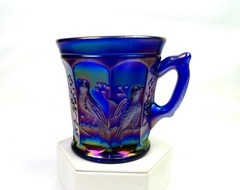 Northwood Signed Carnival Glass Blue Singing Birds Smooth 3 1/2″ Mug 1912-1915