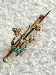 British 10k Antique Brooch Shamrock & Turquoise Moon Edwardian Style