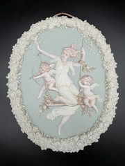 Antique SHAFER VATER Jasperware Wall Plaque Swinging Maiden Cherubs High Relief