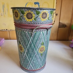Hand Painted Folk Art Galvanized Metal Bucket Sunflowers Lattice Pattern