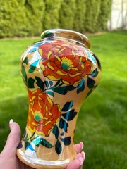 Art Deco Lusterware Vase Hand Painted Flowers Blue & Orange 8″ x 6″