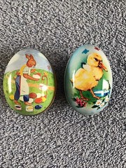 Vtg Tin Metal Egg Candy Containers RABBIT CHICK Murray Allen SWITZERLAND Lot 2
