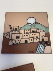 Lot 3 Art Pottery 6″ Tiles Hand Painted Signed Southwestern Design Trivets