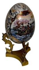Vintage Large Ceramic Asian Geisha Satsuma Egg Figurine Fancy Brass Base