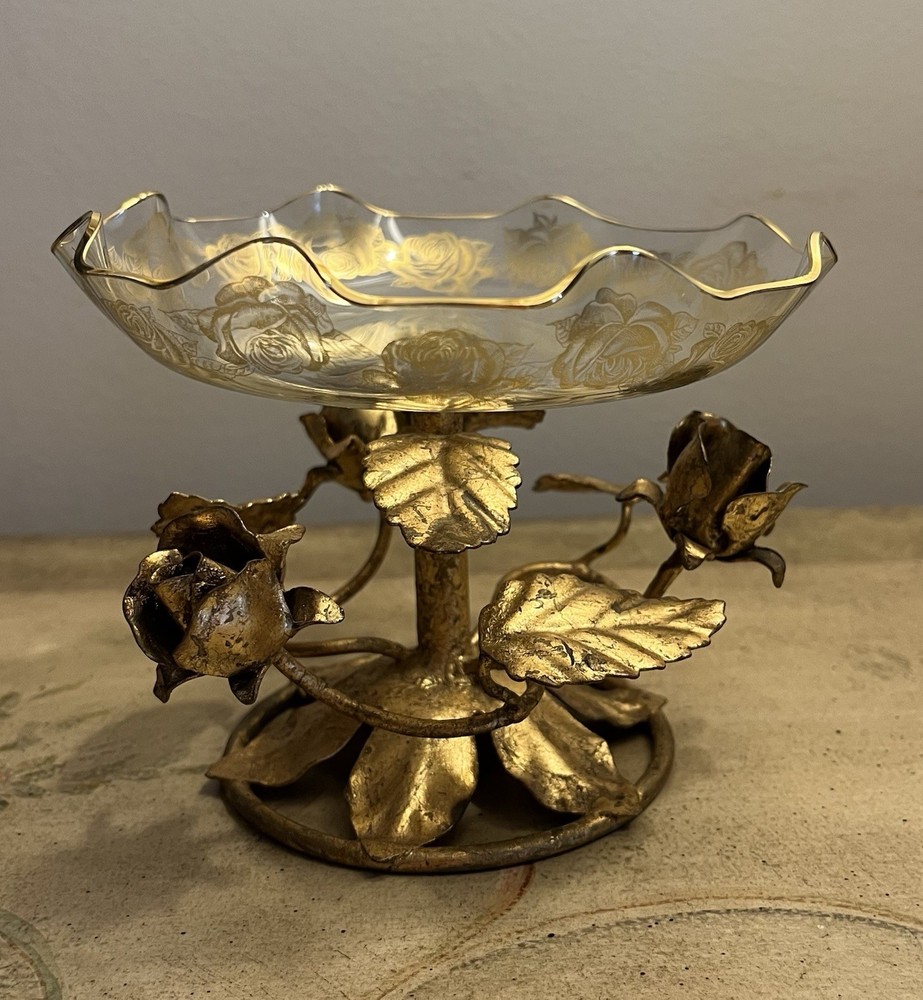VTG Italy Gold Gilt Tole Metal Leaves/Roses Glass Candy Dish-Compote-Hollywood!