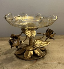 VTG Italy Gold Gilt Tole Metal Leaves/Roses Glass Candy Dish-Compote-Hollywood!