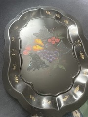 Vintage Metal Fruit Toleware Hand Painted Tray 13” x 18” Signed