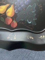 Vintage Metal Fruit Toleware Hand Painted Tray 13” x 18” Signed