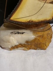 John Demott Signed Single Sail Brass Sailboat Mounted Onyx Stone w/ Seagull VTG