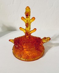 Fenton Orange Amberina Glass Turtle Amber Tree Ring Jewelry Holder