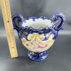 Antique Fine Porcelain Vase Vessel Footed Dish Bowl W Handles Decorated Ceramic