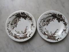 2 Vintage WHITE BROWN Transferware PLATES & TEAPOT Birds & Branches CRAZING