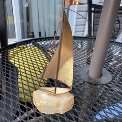 MCM Brass Sailboat 13″H Signed De Mott Sculpture Onyx Base Clipper Ship Sailing