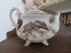 2 Vintage WHITE BROWN Transferware PLATES & TEAPOT Birds & Branches CRAZING