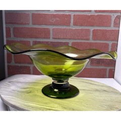 Bowl 12 Inch Avocado Green Hand Blown Art Glass Pedestal Vintage
