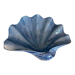 VTG Blue Ceramic Clam Shell Dish Bowl Hollywood Regency 11in Heavy USA Signed