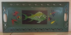 VTG MCM Pierced Metal Toleware Tole Serving Tray Handpainted Fish and Lures VGUC