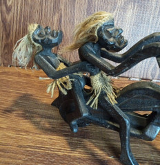 Primitive Tiki Tribal Wood Carving of 2 Natives on a Motorcycle