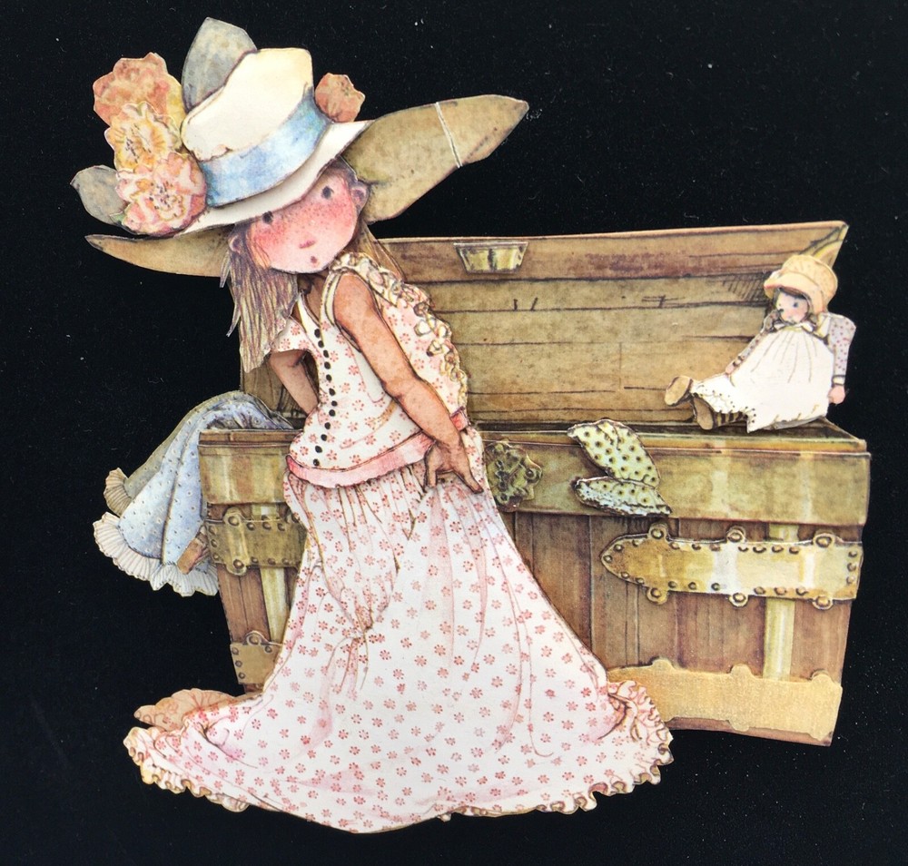 Holly Hobbie 1969 layered art playing dress up 8 X 9.5 unframed on black velvet