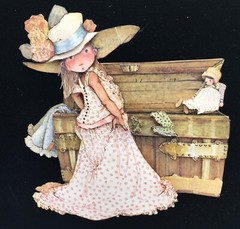 Holly Hobbie 1969 layered art playing dress up 8 X 9.5 unframed on black velvet