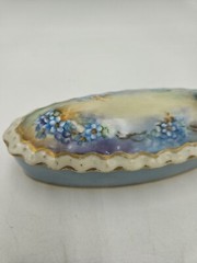 Antique Art Nouveau Oval Floral Porcelain Trinket Box Blue 6″