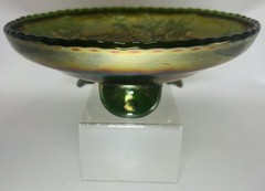 Stag Holly Green Carnival Glass 3 Footed Bowl Beaded Edge Amethyst Irridescence