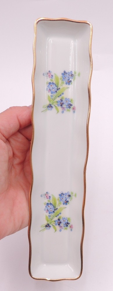 Limoges France Floral Olive Mints Tray Pencil Jewelry Trinket Forget-Me-Not Gold
