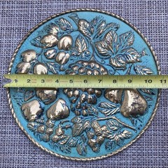 Vintage England Elpec Brass Fruit Wall Plaque Turquoise Blue Gold Embossed Decor
