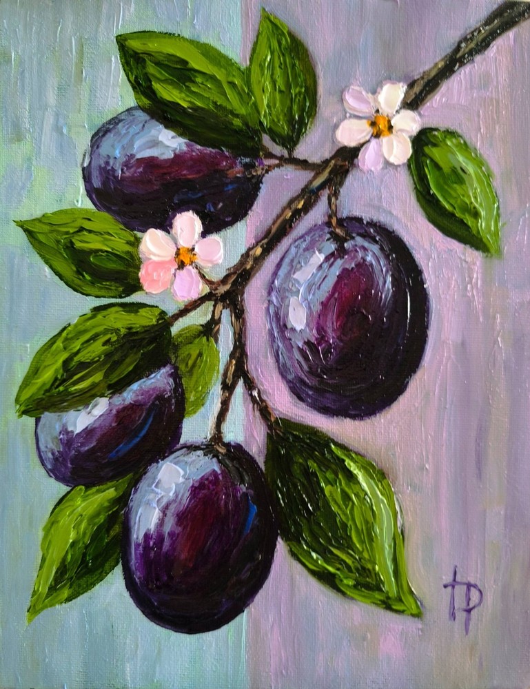 Original Plum Oil Painting 8×10″ Canvas Board Fruit Wall Art Kitchen Decor