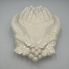 White Ceramic Praying Hands Decorative Trinket Dish Leaf & Berry Open Hands