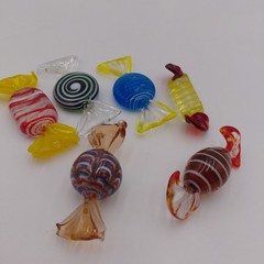 6 Hand Blown Art Glass Candy Pieces Striped MCM Grandma Murano Style Colorful