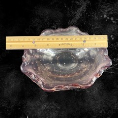 Hand Blown Art Glass Dish Bowl Ruffled Edges Purple Amethyst Glass Bullicante
