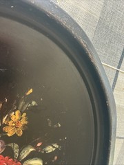 Antique Victorian Oval Black Tole Tray Hand Painted Floral Metal 24” Vtg Patina