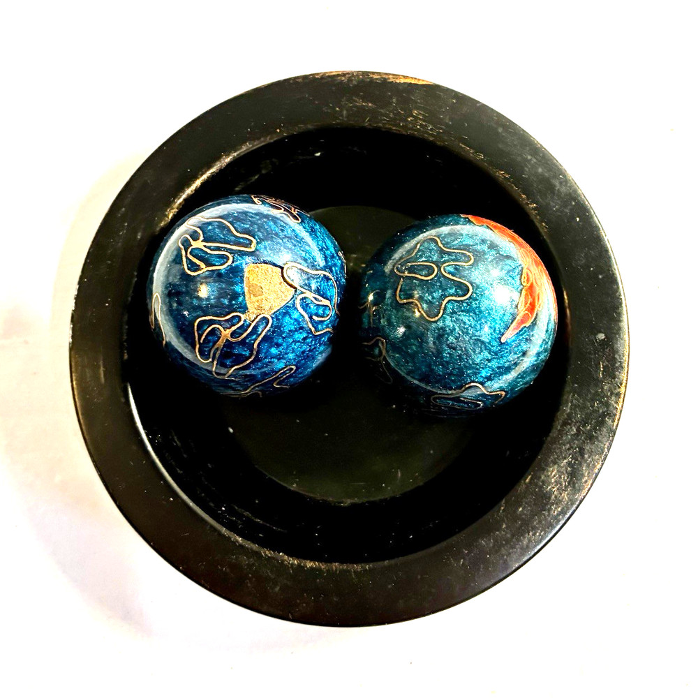 Black Decorative Bowl Dish with 2 Blue Red Cloisonne Style Balls Asian Decor