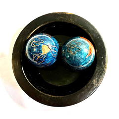 Black Decorative Bowl Dish with 2 Blue Red Cloisonne Style Balls Asian Decor