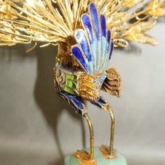 VINTAGE Cloisonne Enamel Peacock Gold Filigree Sculpture Carved Green Stone Base