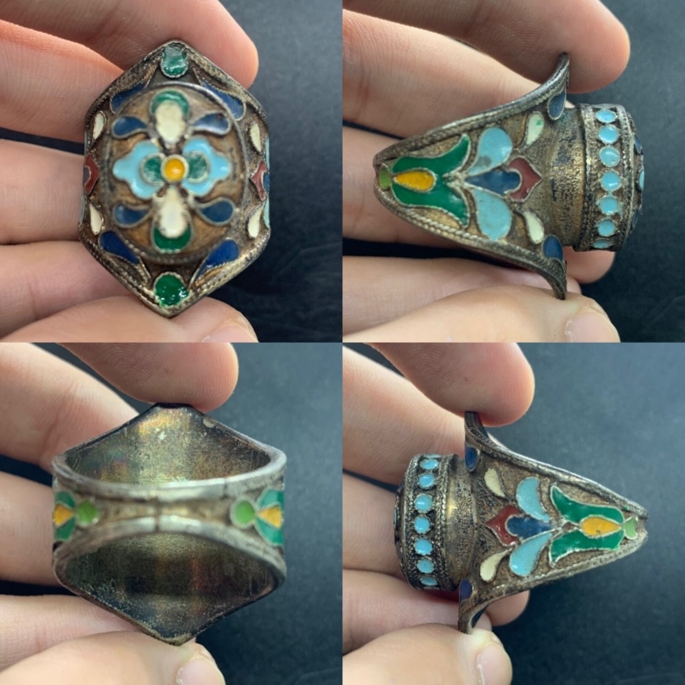 Ancient Old Pure Sliver Antique Painted Beautiful Ring