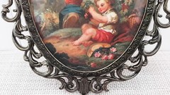 Vintage Made in Italy Kids Playing Print Oval Glass Ornate Metal Frame EUC