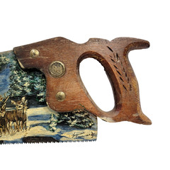 Folk-Art Oil Painting on a Vintage Hand Saw – Winter Deer Scene – Artist Signed