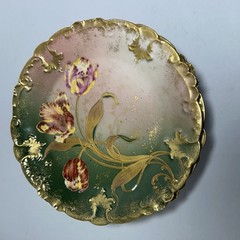 GDA Antique France Porcelain Limoges Hand Painted Tulips Green Gold Art Nouveau