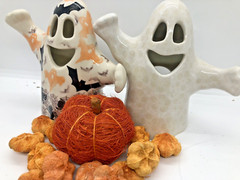 2 Polish Pottery Ceramic Ghost Lantern Figurines White Lace and BOO