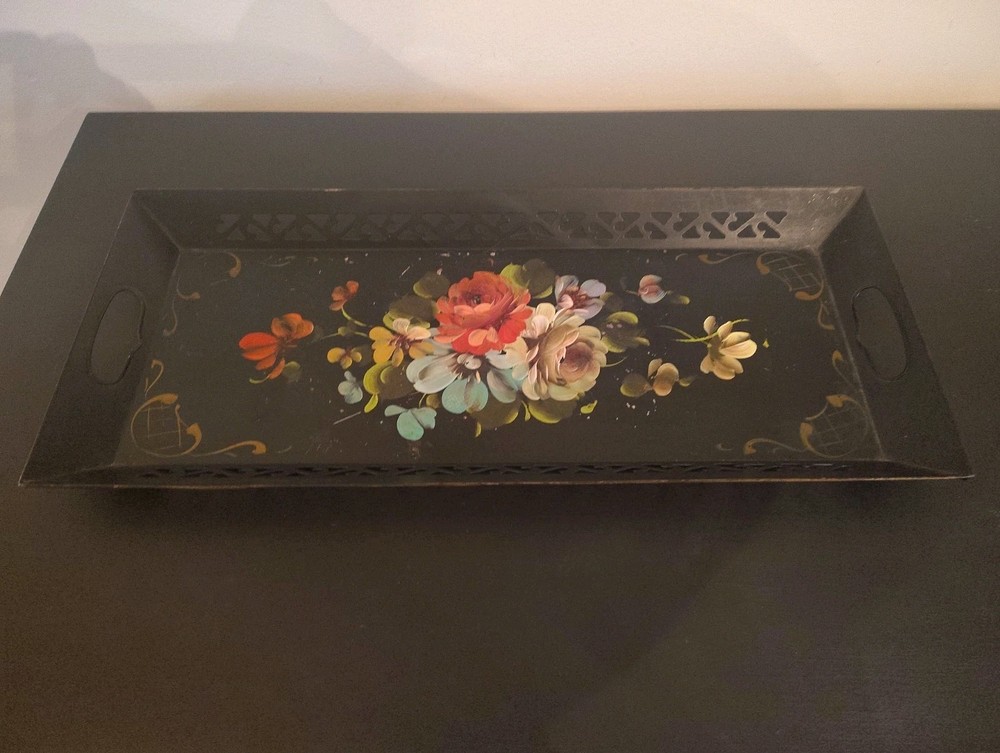 Vintage Hand Painted Floral Toleware Rectangular Metal Serving Tray