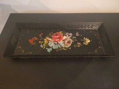 Vintage Hand Painted Floral Toleware Rectangular Metal Serving Tray