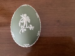 Vintage Wedgwood 4” Sage Green Egg Trinket Box Jasperware Cherub on Branch