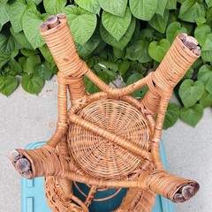 Vintage Wicker Plant Stand With Basket Top Lower Shelf Bead Accents 27″ MCM Boho