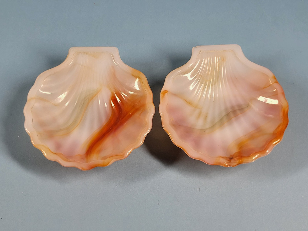 Set of 2 Vintage Akro Agate #246 Pumpkin Slag Glass Shell Dishes – Orange /White